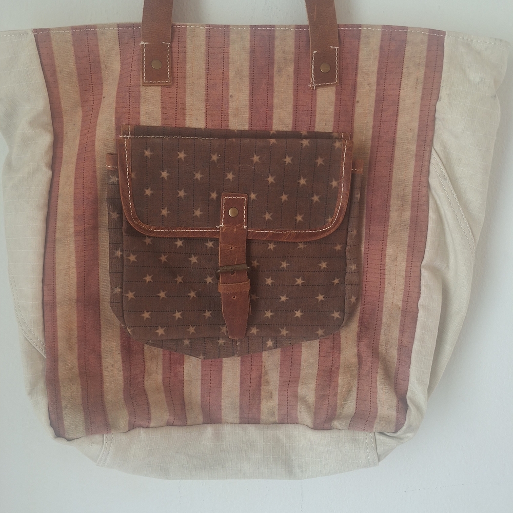 Patriotic With Flag Canvas Shoulder Bag with Brown Pocket 10p - Picture 2 of 5